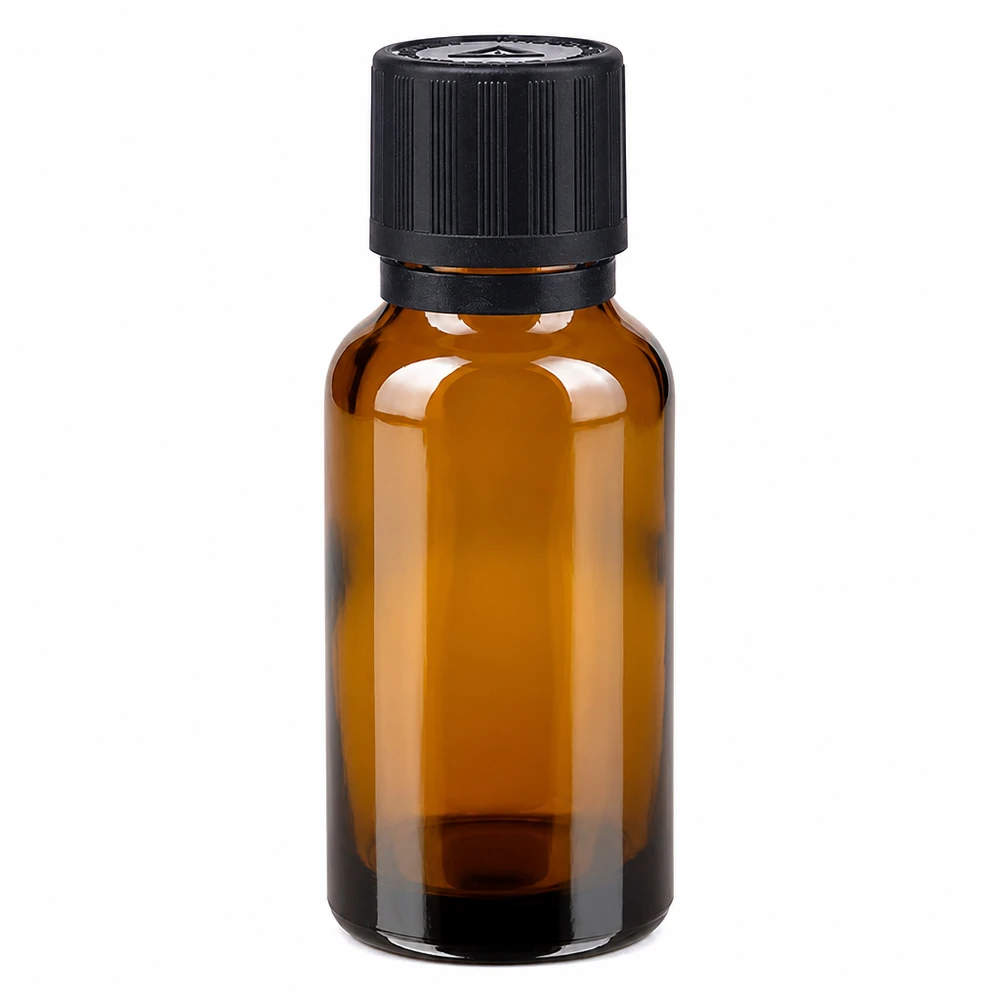 Apteekkipullo ruskea 20ml tippapullon korkki kaaderengas 1mm musta lapsilukko sokea varoitussymboli tamper evident sulkeminen. 20 ml:n ruskealasi-tiputuspullo, jossa on musta alkuperäinen korkki ja lapsiturvallinen suljin, apteekkitarvikkeisiin