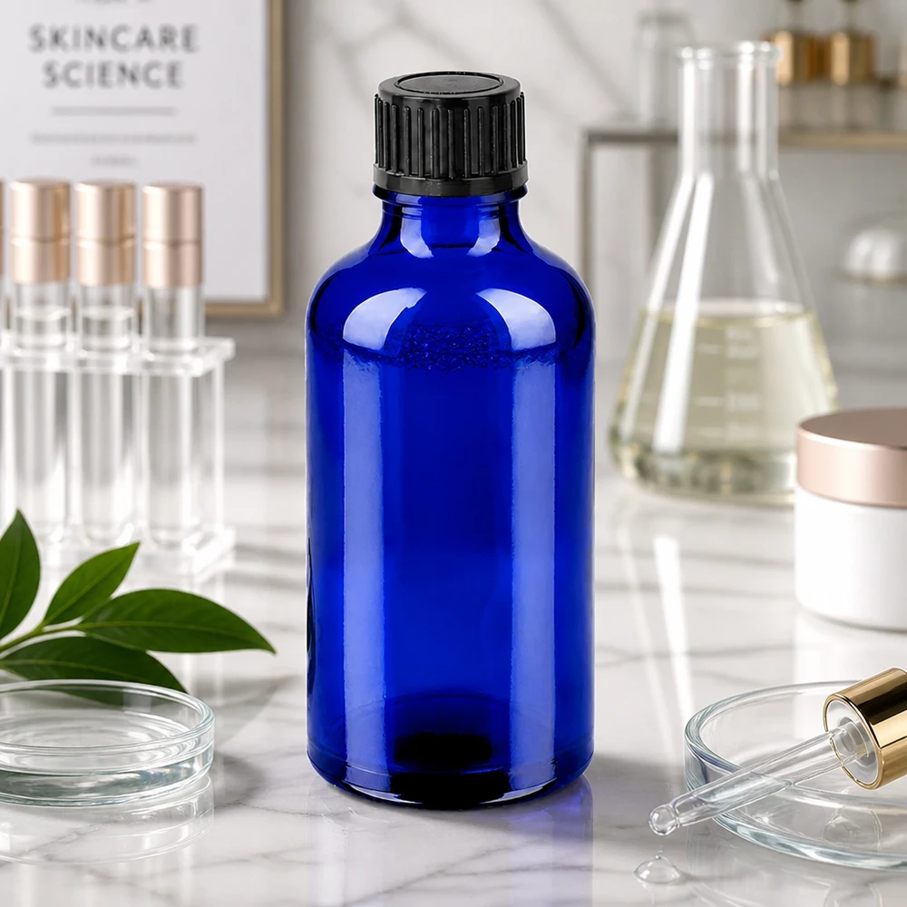 50ml BlueLine-lasipullo, jossa on UV-suoja ja ergonominen muotoilu laboratoriosovelluksiin.