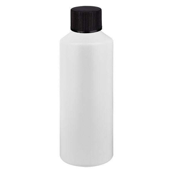 Apteekkipullo HDPE 100ml valkoinen, mustalla ruuvikorkilla varustettu Apteekkipullo HDPE 100ml valkoinen, mustalla ruuvikorkilla varustettu