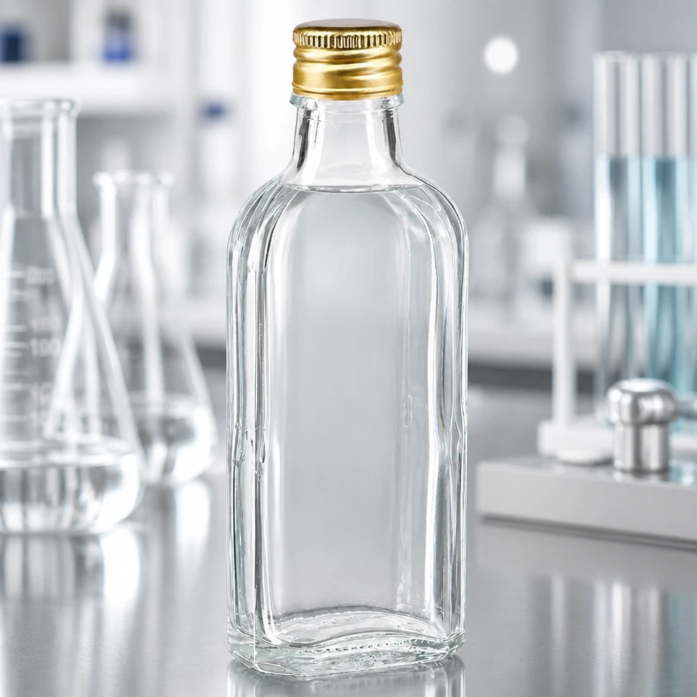 100 ml Meplat kirkas, alumiinikorkki kultainen PP22. Läpinäkyvä 100 ml:n Meplat-lasipullo, jossa on kultainen alumiininen kierrekorkki PP22, laboratoriopöydällä