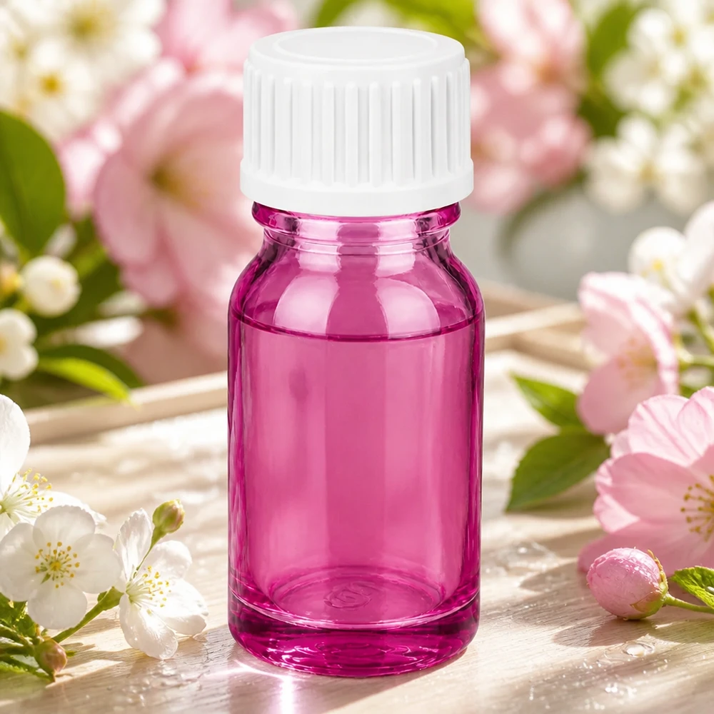 10ml lasipullo läpinäkyvässä violetissa värissä, jossa on matta korkki DIY-kosmetiikkaan