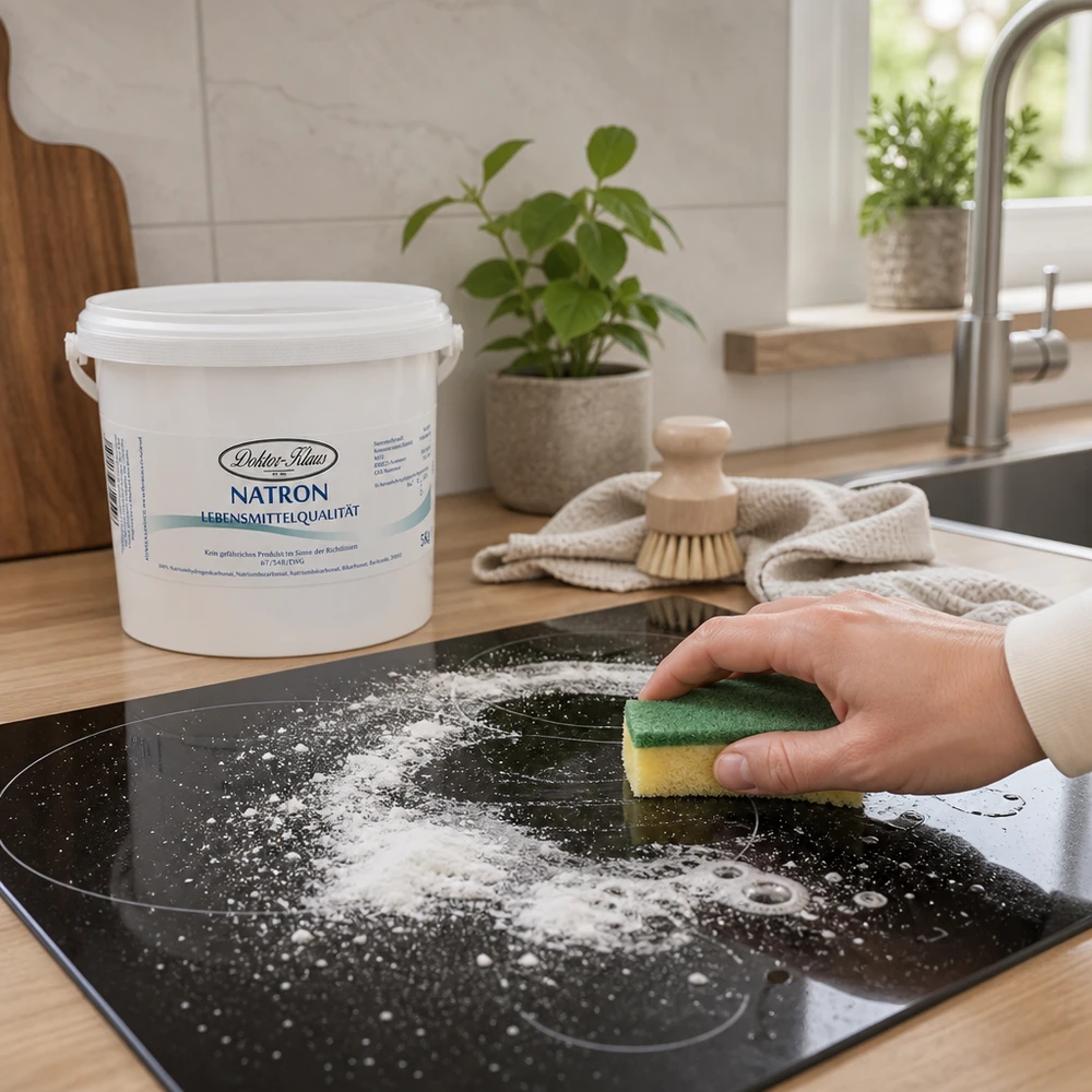 Natron Doctor Klaus 5kg ämpäri keraamisen keittotason puhdistamiseen sienellä modernissa keittiössä.