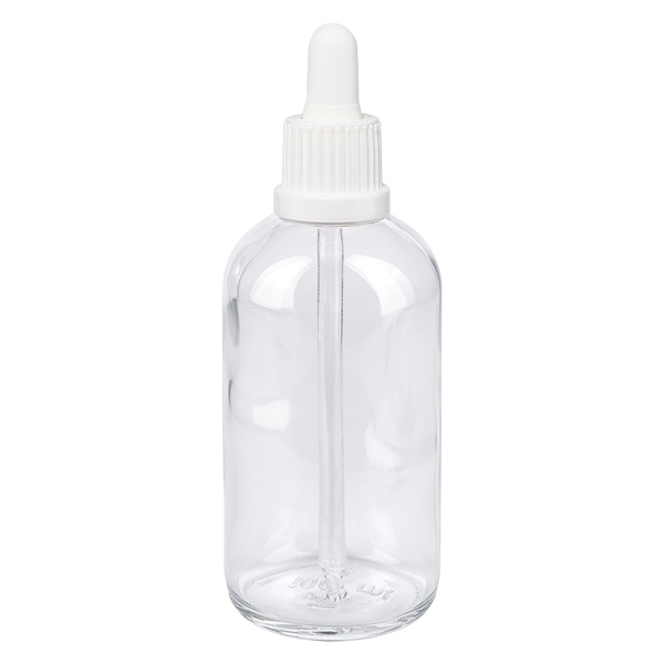 100ml pipettipullo valkoinen peukaloinnin estävä korkki ClearLine UT18/100 100 ml:n ClearLine-pipettipullo kirkkaasta lasista, valkoisella tiputuspäällä