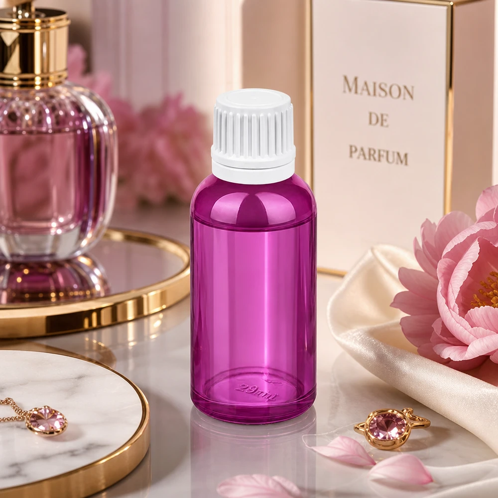 30ml violetti tippapullo, jossa on tarkka 0.7mm tippaputki kosmetiikkaan ja hajuvesiin.