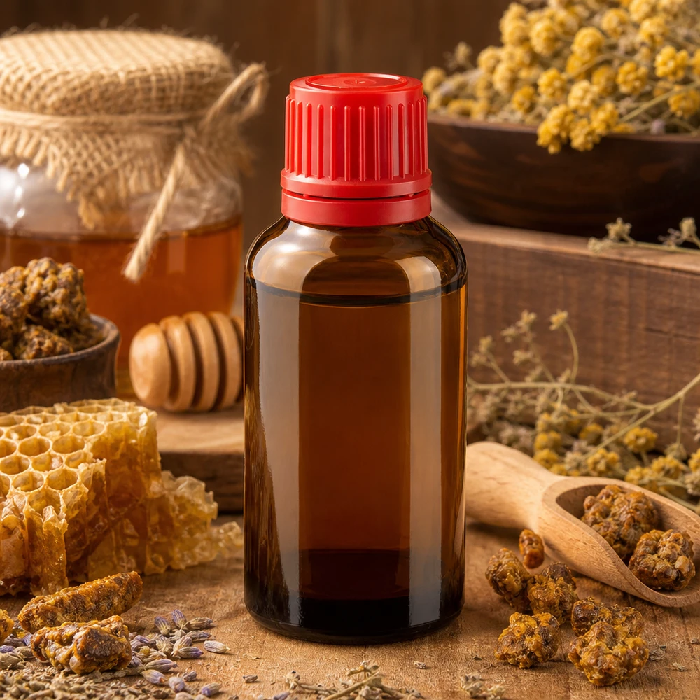 Kompakti 30ml meripihkanvärinen lasipullo punaisella OV-korkilla, joka sopii täydellisesti homeopaattisille lääkkeille ja uutteille.