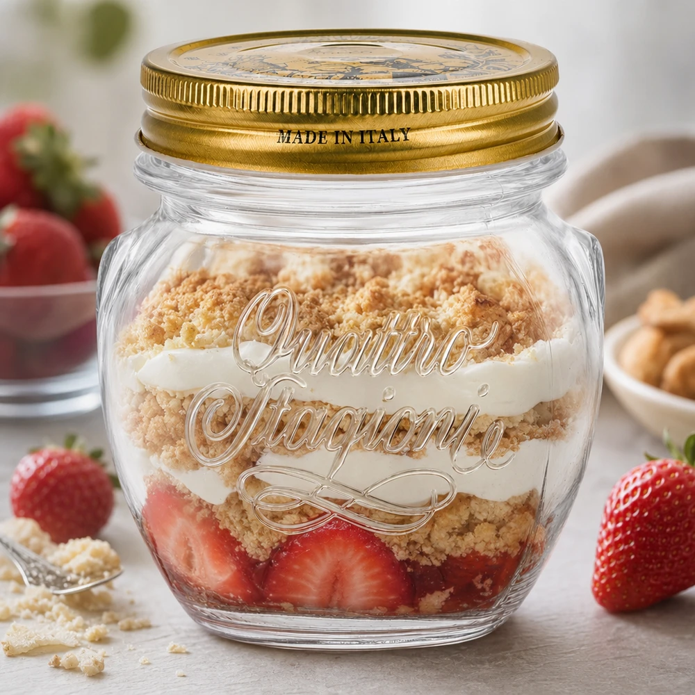 Quattro Stagioni 300ml pyöreä lasi kultaisella kannella, joka on täytetty kerroksellisella jälkiruoalla, jossa on mansikoita ja sirotteita Made in Italy.