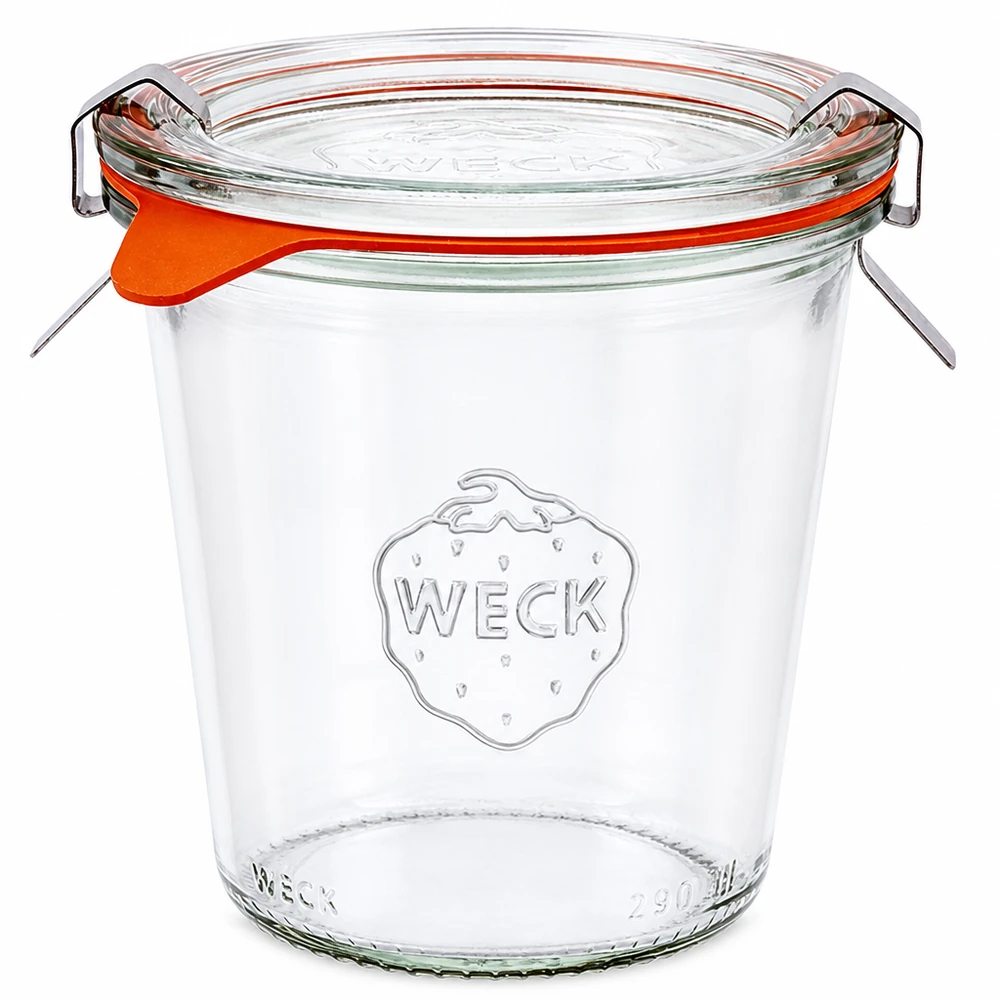 290ml korkea lasipurkki täydellinen WECK RR80 WECK lasipullot 290ml korkea RR80 lasikannella, kumirengas ja puristimet säilöntään ja purkitukseen.