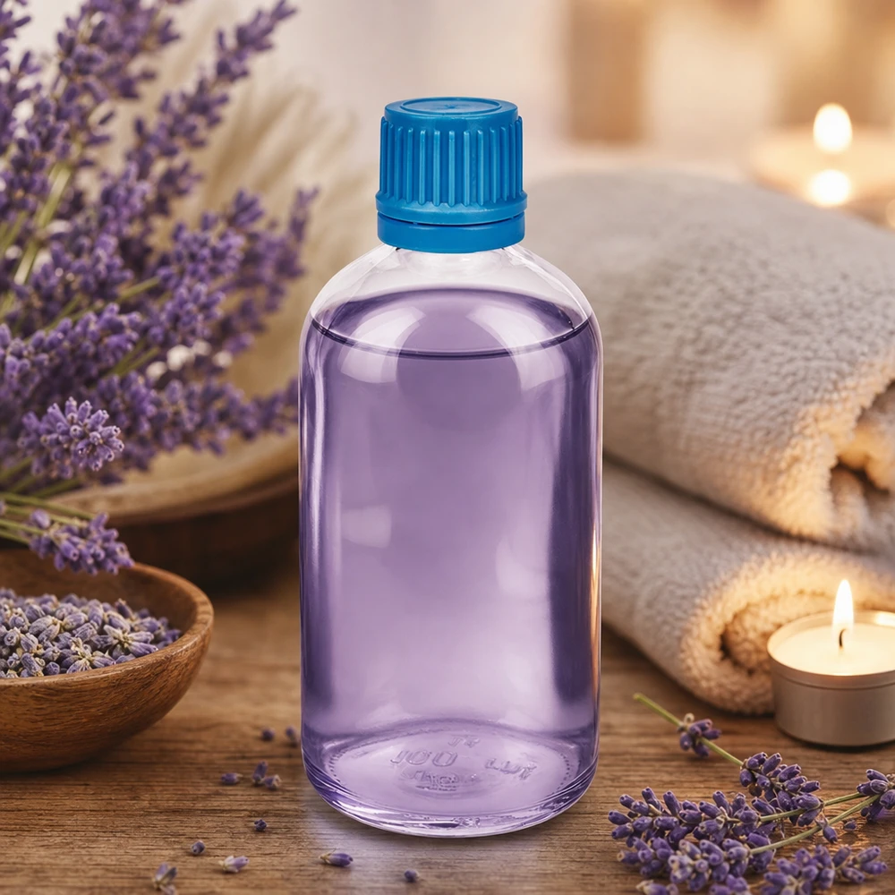 Laventelinvärinen 100 ml:n ClearLine-pullo, jossa on sininen alkuperäiskorkki (OV) aromaterapiaan