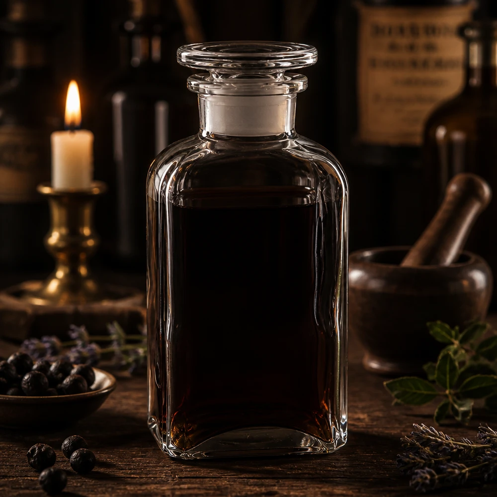 Nelikulmainen pullo 250ml kirkas leveäkaulainen lasitulppa 250 ml:n apteekkipullo, nelikulmainen, kirkasta lasia, lasitulpalla, ympäröity yrtteillä ja kynttilällä