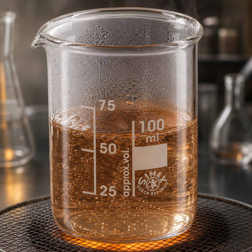 Lämmönkestävä 100 ml:n matala dekantterilasi, jossa on käytännöllinen nokka laboratoriotyöhön.