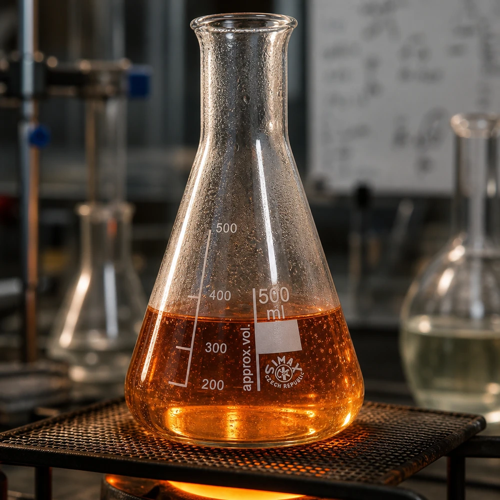 Erlenmeyer-pullo 500ml kapeakaulainen pullo 500 ml:n Erlenmeyer-pullo, jossa on kapea kaula ja asteikko laboratorion lämpölevyllä, jossa on oranssia nestettä.