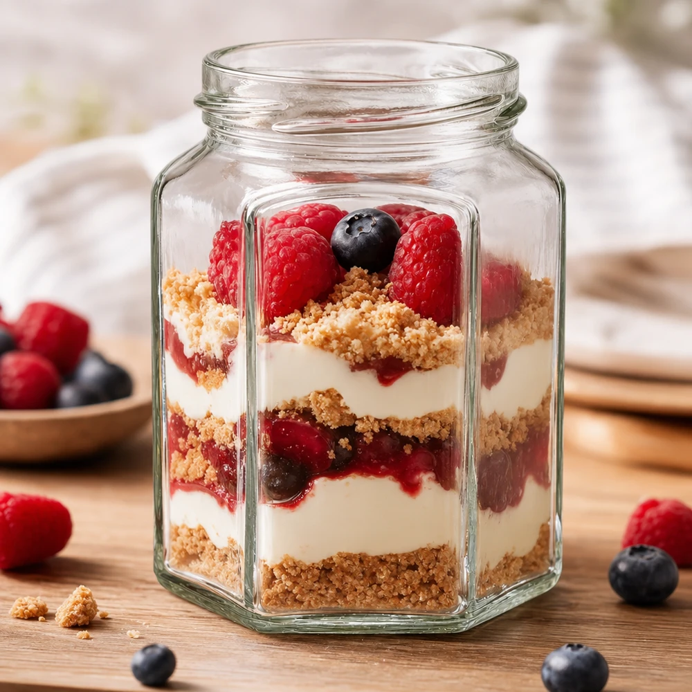 288ml Hexa-purkki ilman kantta (TO63) UNiTWIST UNiTWIST Sechseckiges Einmachglas 288ml mit Dessert-Schichtung aus Beeren und Creme - perfekt für Mason Jar Rezepte und Aufbewahr