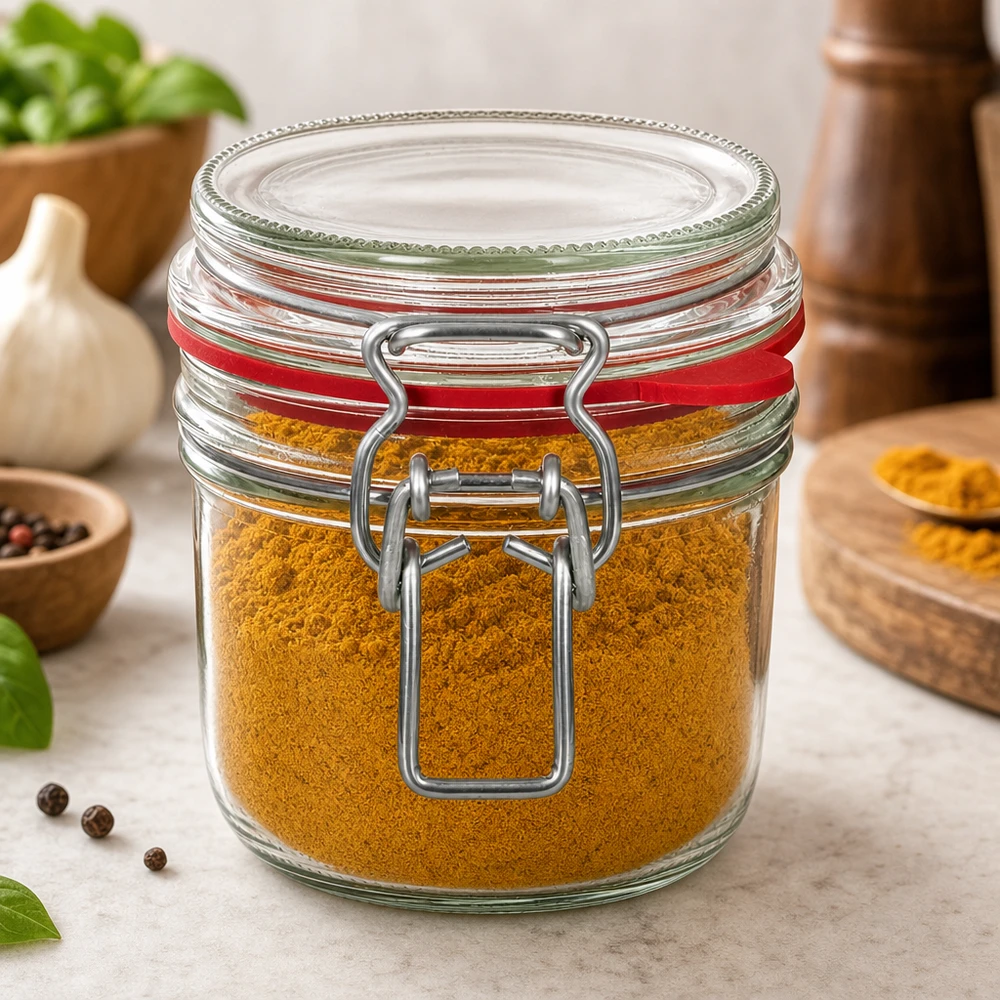 255 ml:n säilytyspurkki, tyyppi G, kauluslukolla UN.. 255ml Bügelverschluss-Glas gefüllt mit Kurkuma-Gewürzpulver in moderner Küche mit Kräutern und Gewürzen