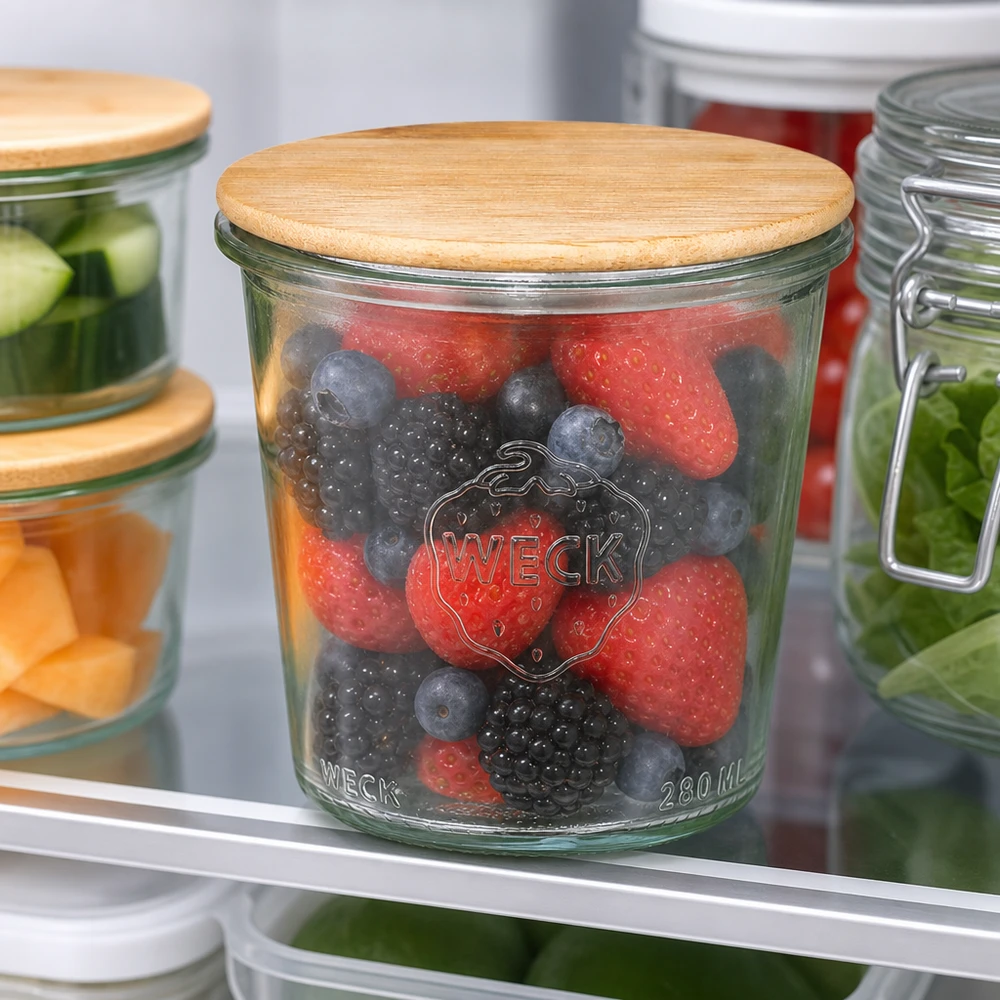 WECK tumblers 290ml RR80 puukannella, joka on täynnä tuoreita marjoja jääkaapissa säilytyspurkin säilytyspurkissa