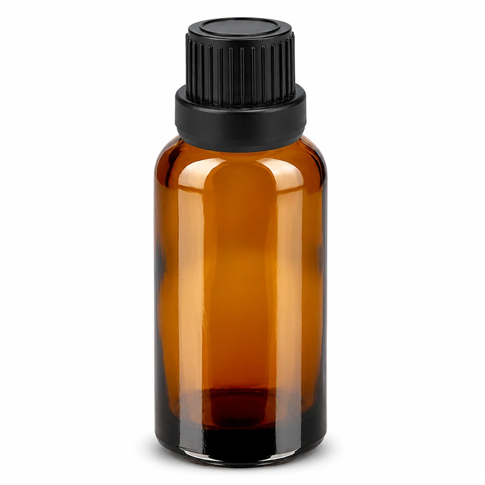 30ml meripihkanvärinen lasipullo mustalla tippakorkilla 2mm aukko eteerisille öljyille.