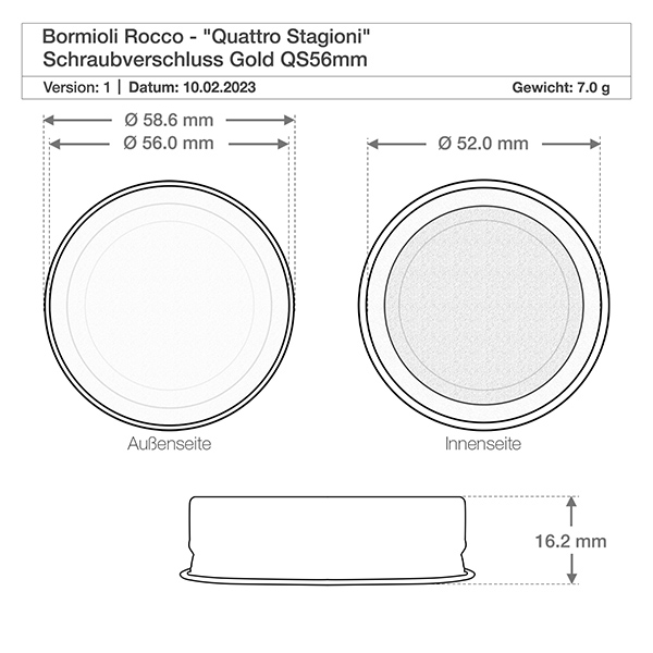 1000ml lasipullo "Quattro Stagioni", jossa on kansi. Tekninen piirustus Bormioli Rocco Quattro Stagioni ruuvikorkki kulta QS56mm, mitat ja paino