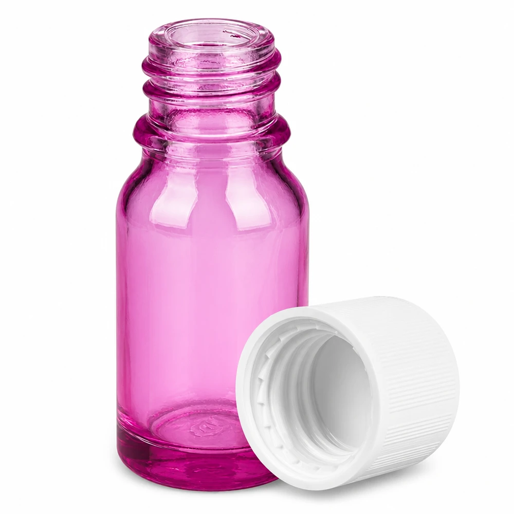 10ml pullo 11mm ruuvikorkki valkoinen standardi lapsiturvallinen PurpleLine UT18/10 Pieni violetti 10ml lasipullo, jossa on 11mm aukko ja valkoinen korkki aromaterapiaa varten.