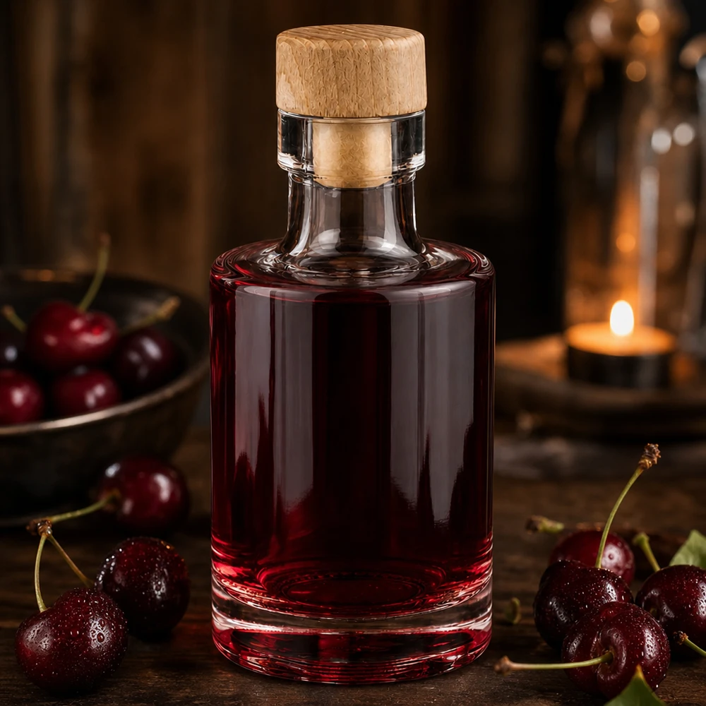 100ml Glasflasche "Marie" mit Holzgriff-Korken UNiTWIST 100ml Glasflasche Marie mit Holzkorken gefüllt mit Kirschlikör umgeben von frischen Kirschen bei warmem Kerzenlicht