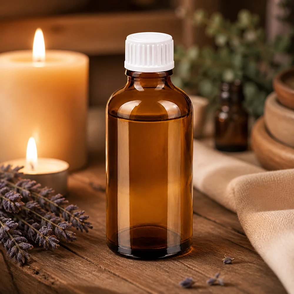 Korkealaatuinen meripihkanvärinen lasinen tippapullo 50ml, jossa on UT18-kierre ja valkoinen tippakorkki.