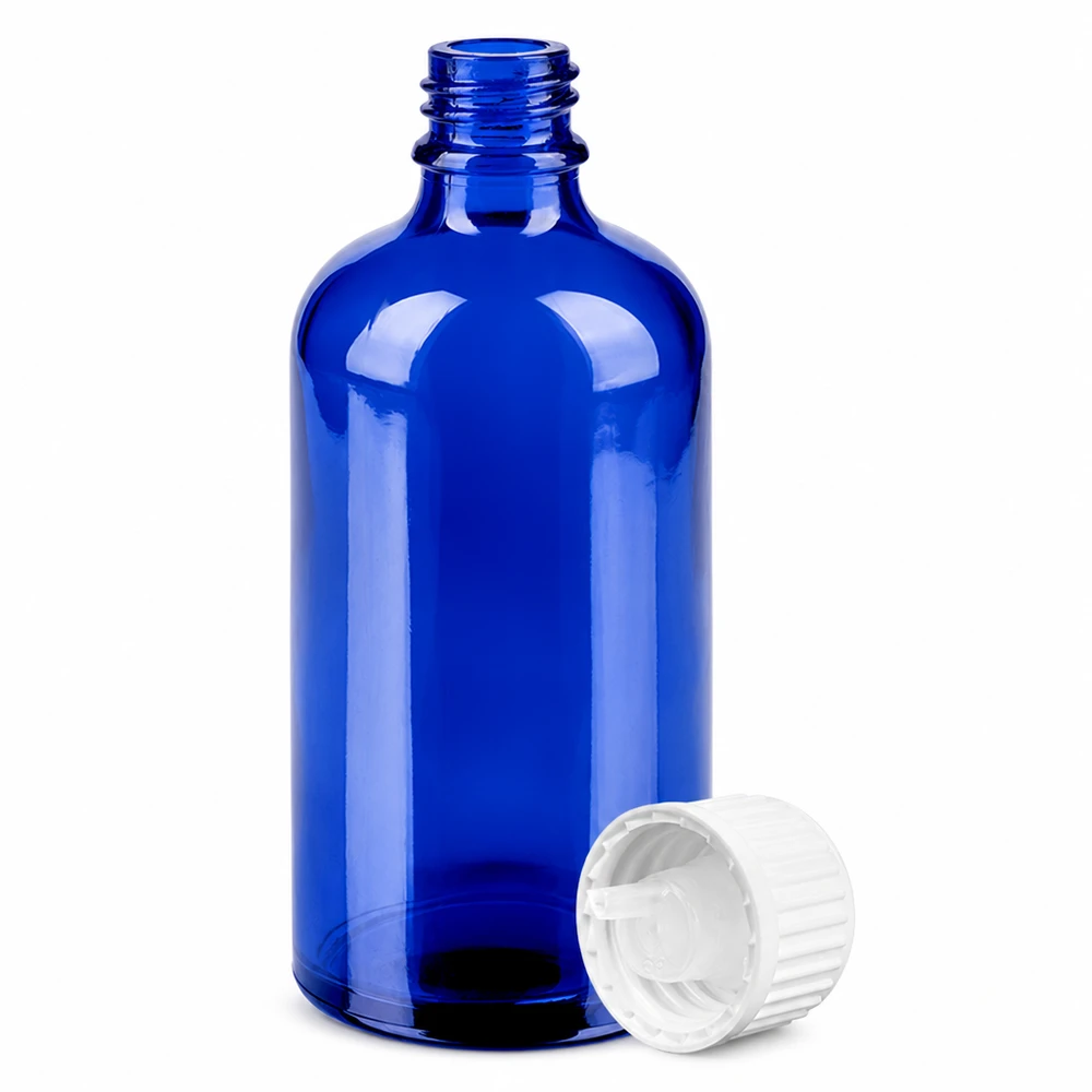 100ml tippapullo 0.9mm valkoinen vakiokorkki BlueLine UT18/100 Sininen lasipullo 100ml, jossa on tiputuslaite 0,9mm valkoinen annosteluun STD BlueLine UT18