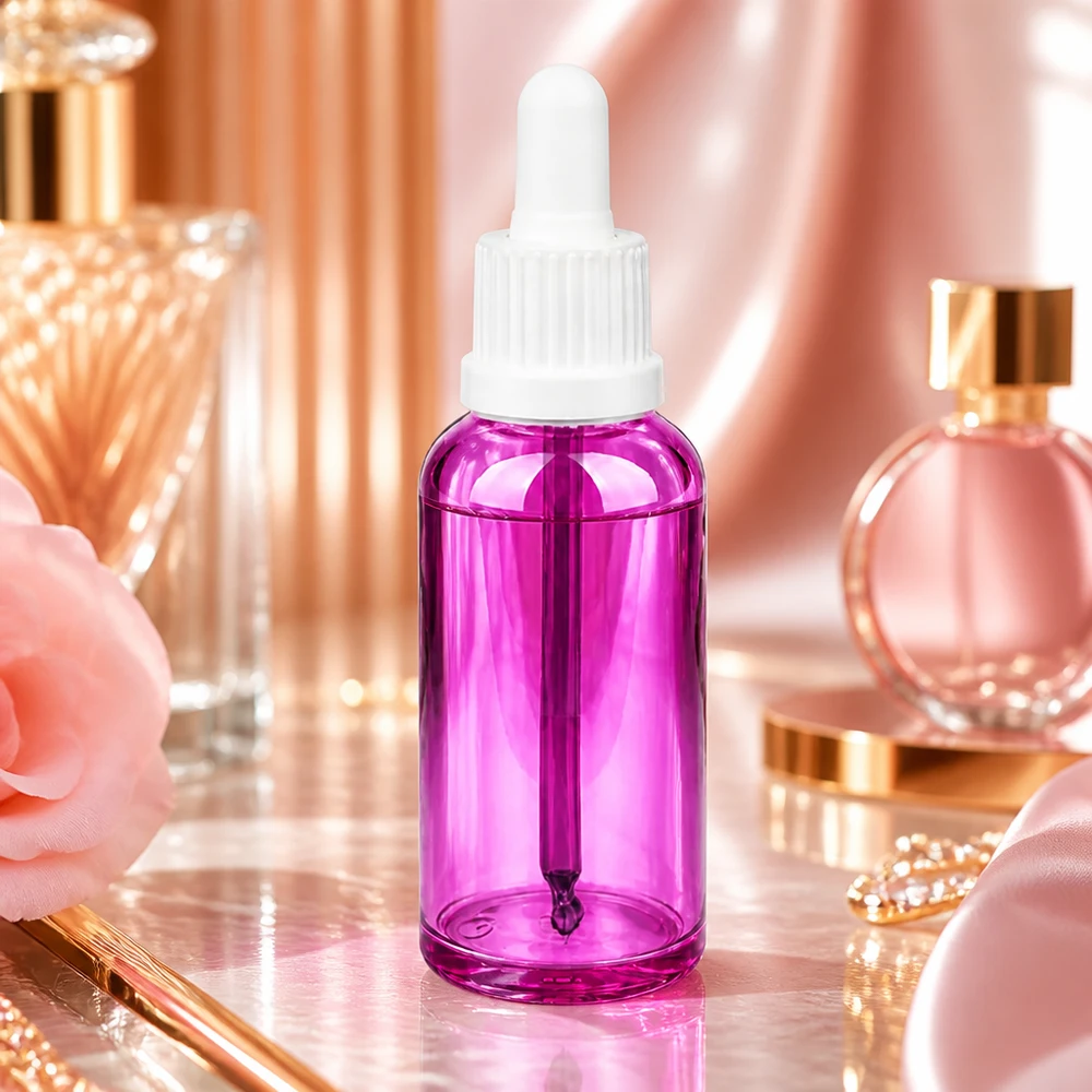 Tyylikäs 50 ml:n pipettipullo kirkkaan violetissa värissä seerumien ja öljyjen tyylikkääseen säilytykseen.