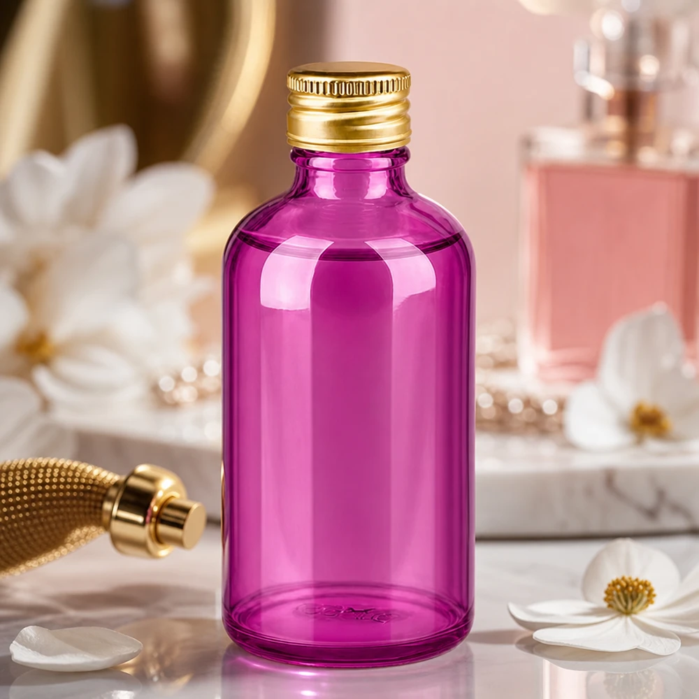 100ml pullo 11mm kierrekorkki alumiininen kultainen standardi PurpleLine. UT18/100 Premium-lasipullo 100ml violetti, jossa on tyylikäs kultainen korkki aromaterapiasovelluksiin
