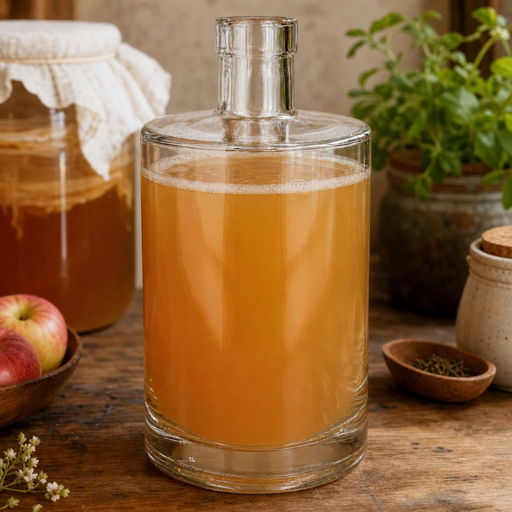 700ml Glasflasche Marie mit goldener Flüssigkeit befüllt in rustikaler Küche neben Äpfeln und Gewürzen dekoriert