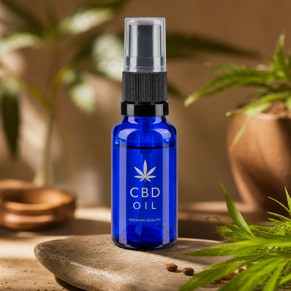 20 ml:n sininen apteekkilasipullo, jossa on sumutuspumppu, CBD-öljyä ja luonnonkosmetiikkaa varten