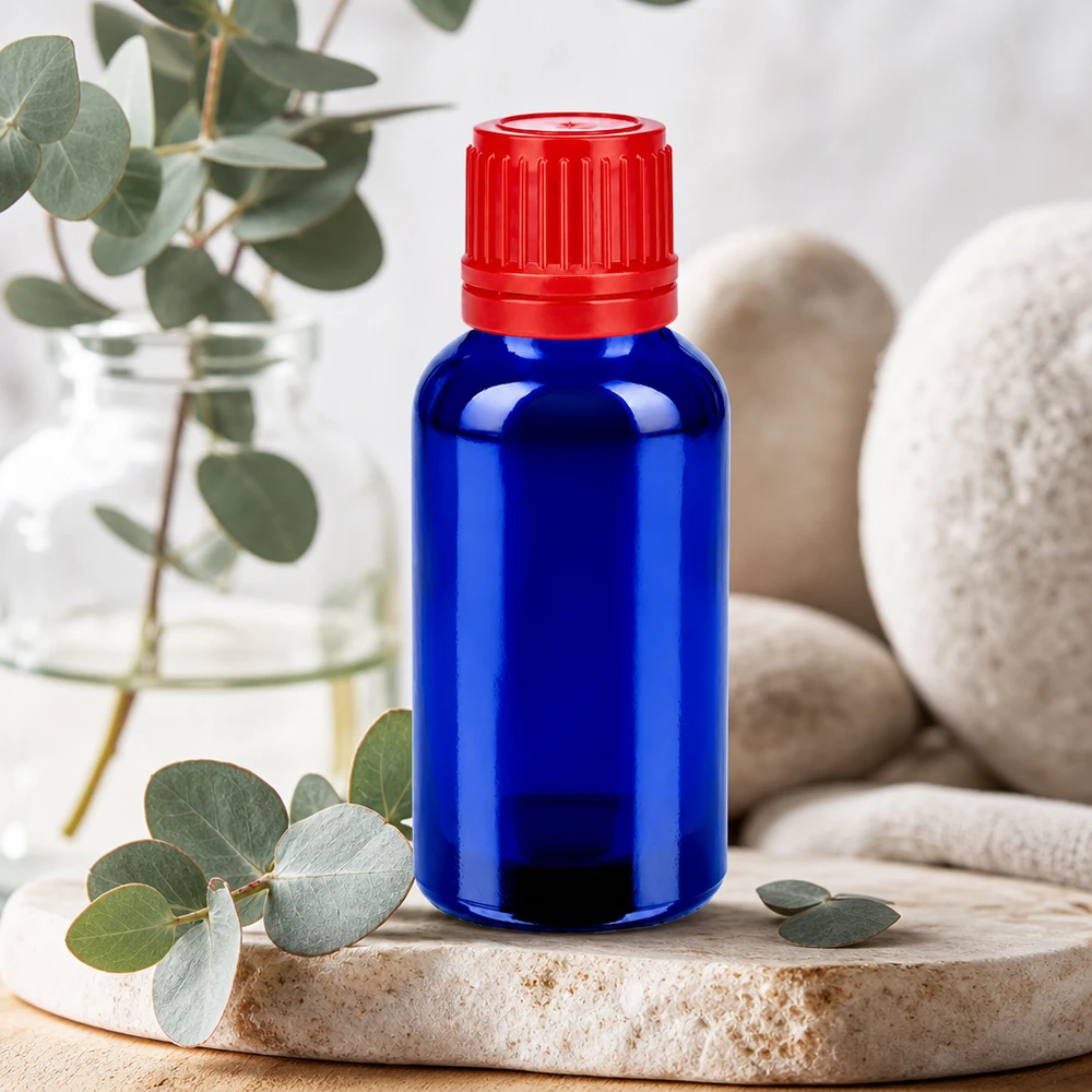 30ml pullo 11mm kierrekorkki punainen väärentämisen estävä korkki BlueLine UT18/30 Kompakti 30 ml:n lasipullo BlueLine-sarja punaisella korkilla liikkuviin sovelluksiin