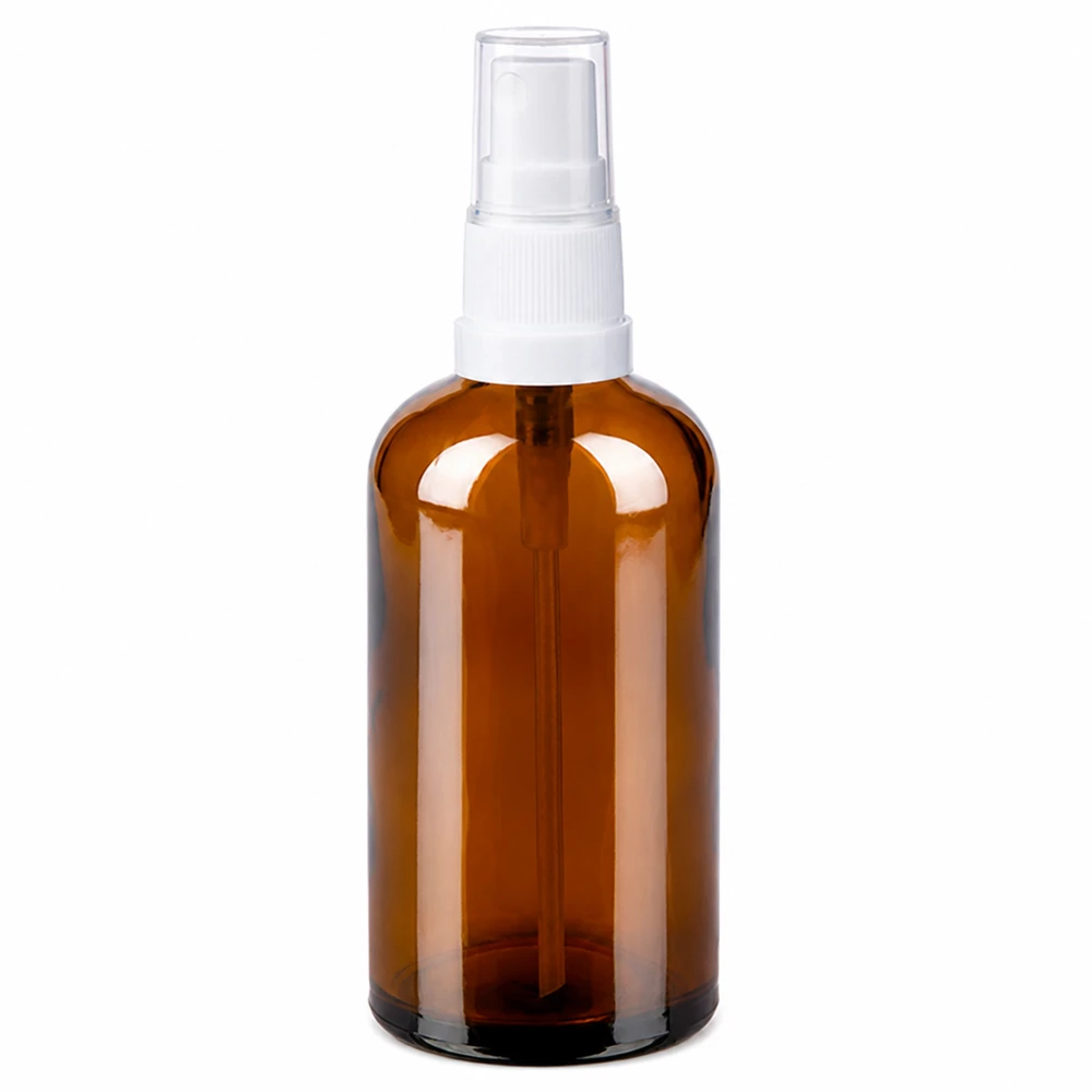 100ml suihkepullo valkoinen/läpinäkyvä vakiokorkki BrownLine UT18/100 100ml meripihkanvärinen lasinen suihkepullo valkoisella pumppusumuttimella kosmetiikalle ja eteerisille öljyille.