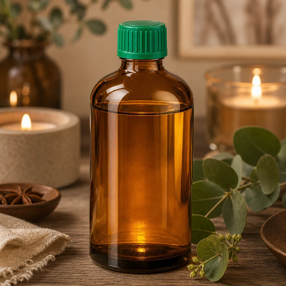 Laadukas 100ml meripihkanvärinen lasipullo, jossa on UV-suoja ja vihreä korkki valolle herkille aineille.