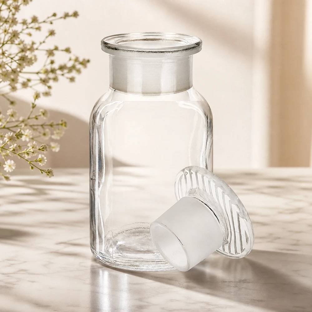 Pyöreä olkapääpullo 100ml kirkas leveäkaulainen lasitulppa Pyöreäolkapullopullo, 100 ml, leveäkaulainen, mattapintaisella lasitulpalla, kirkas, laboratoriotutkimuksiin