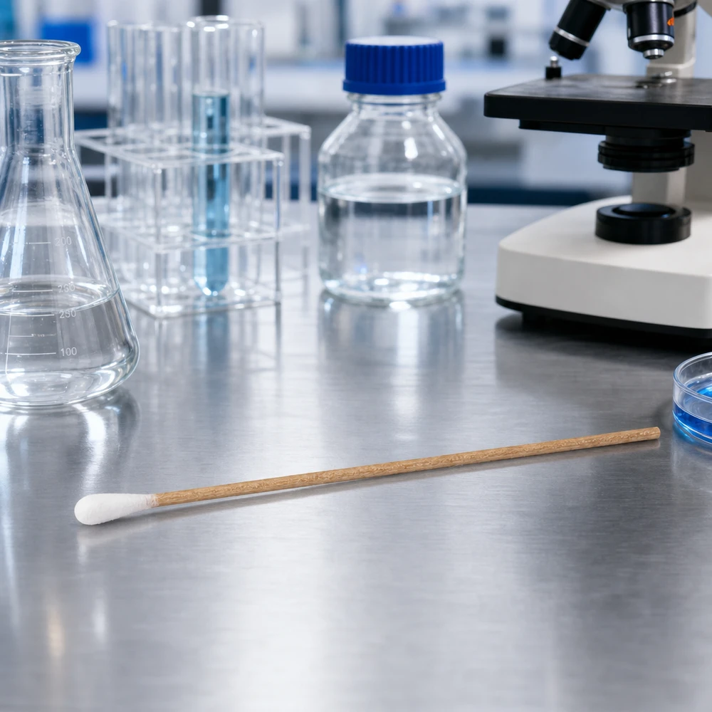 Pumpulipuikot UNSTERIL Steriloimattomat puuvillatikut, joissa on puukahva, laboratoriossa Erlenmeyer-pullon ja mikroskoopin vieressä ruostumattomasta teräksestä valmistetulla pöydällä
