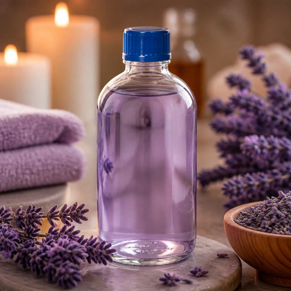 Laventeliöljyn säilytyspullo 100 ml, kirkas lasi, sininen kansi, ClearLine UT18, aromaterapia