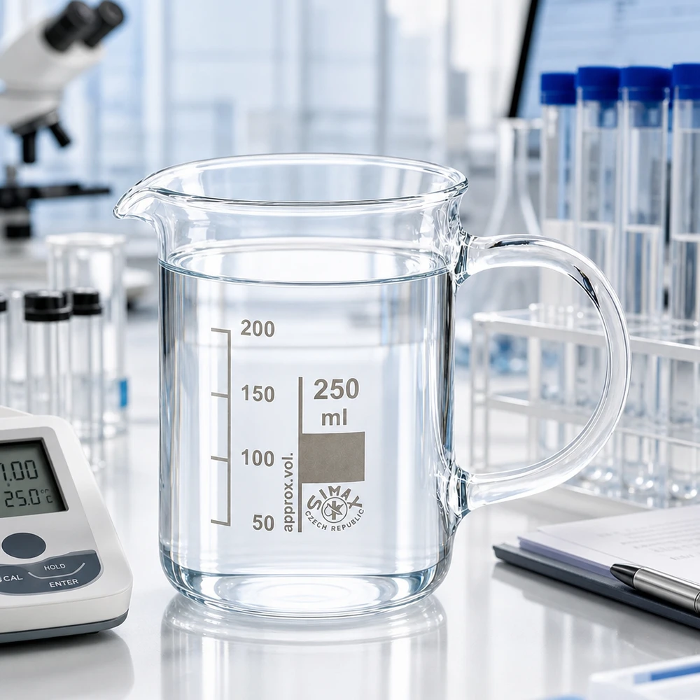 250 ml:n borosilikaattilasi, jossa on kahva, ja kirkasta vettä valkoisella laboratoriopöydällä mikroskoopin vieressä