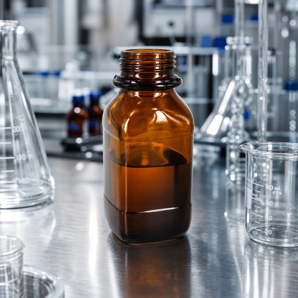 250ml kemikaalipullo Kemikaalipullo 250ml, valmistettu UV-suojatusta meripihkanvärisestä lasista, ammattimaiseen laboratoriokäyttöön.