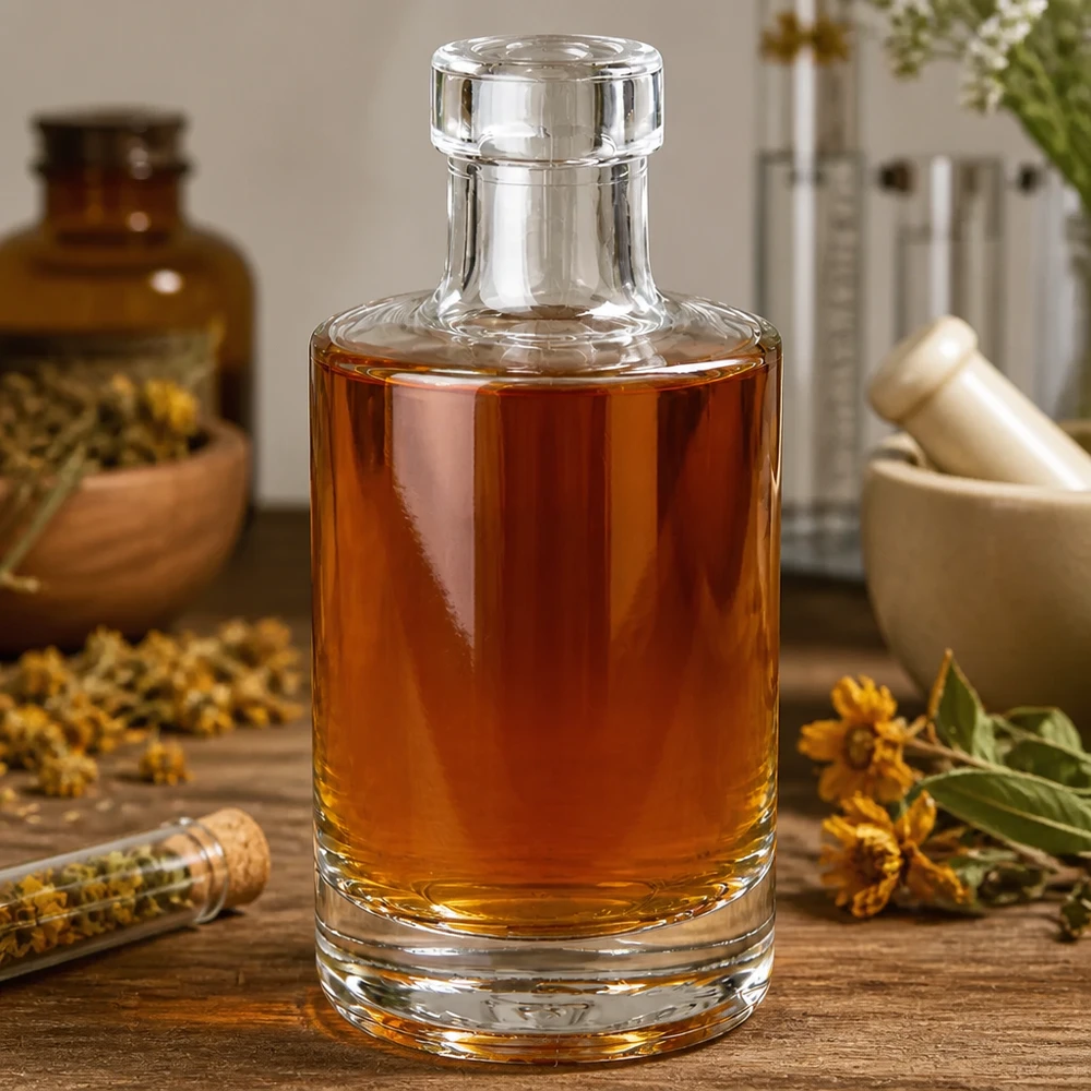 200ml lasipullo Marie täynnä meripihkanväristä öljyä apteekkityyliin kuivatuilla lääkekasveilla luonnollisia aromiaineita.