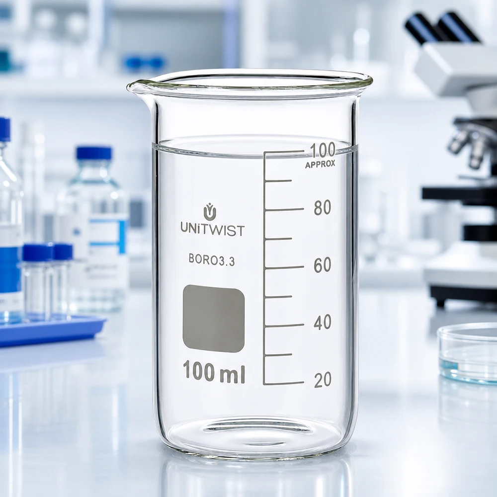 100ml borosilikaattilasi, korkea muoto UNiTWIST. UNITWIST-mitta-astia, 100 ml, korkea malli, borosilikaattilasia 3.3, jossa on puhdasta vettä valkoisella laboratoriopöydällä