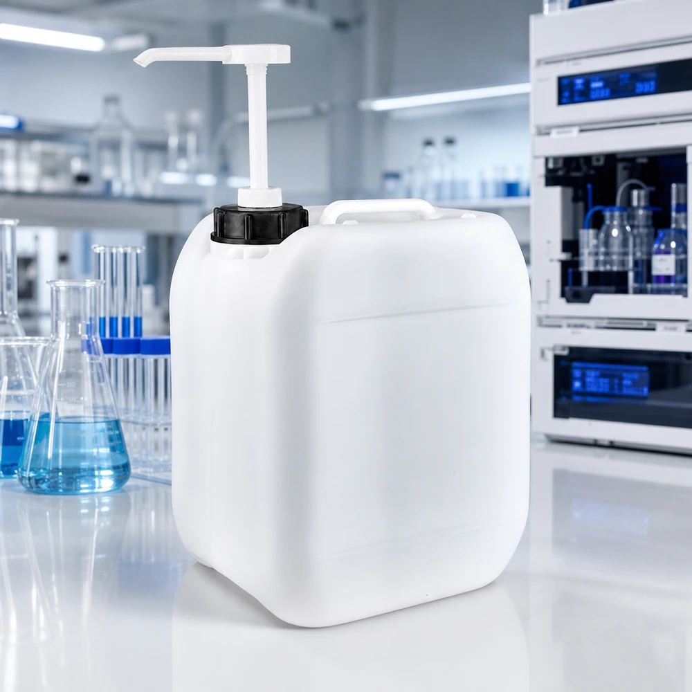 Suorakulmainen 5 litran HDPE-kanisteri annostelupumpulla modernissa laboratorioympäristössä, jossa on Erlenmeyer-pullo