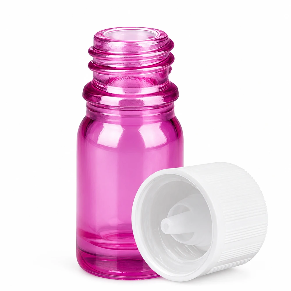 5ml tippapullo 1,2mm valkoinen vakio lapsiturvallinen PurpleLine. UT18/5 Pieni 5ml lasipullo, jossa on tiputuslaite, violetti väri eteerisille öljyille.