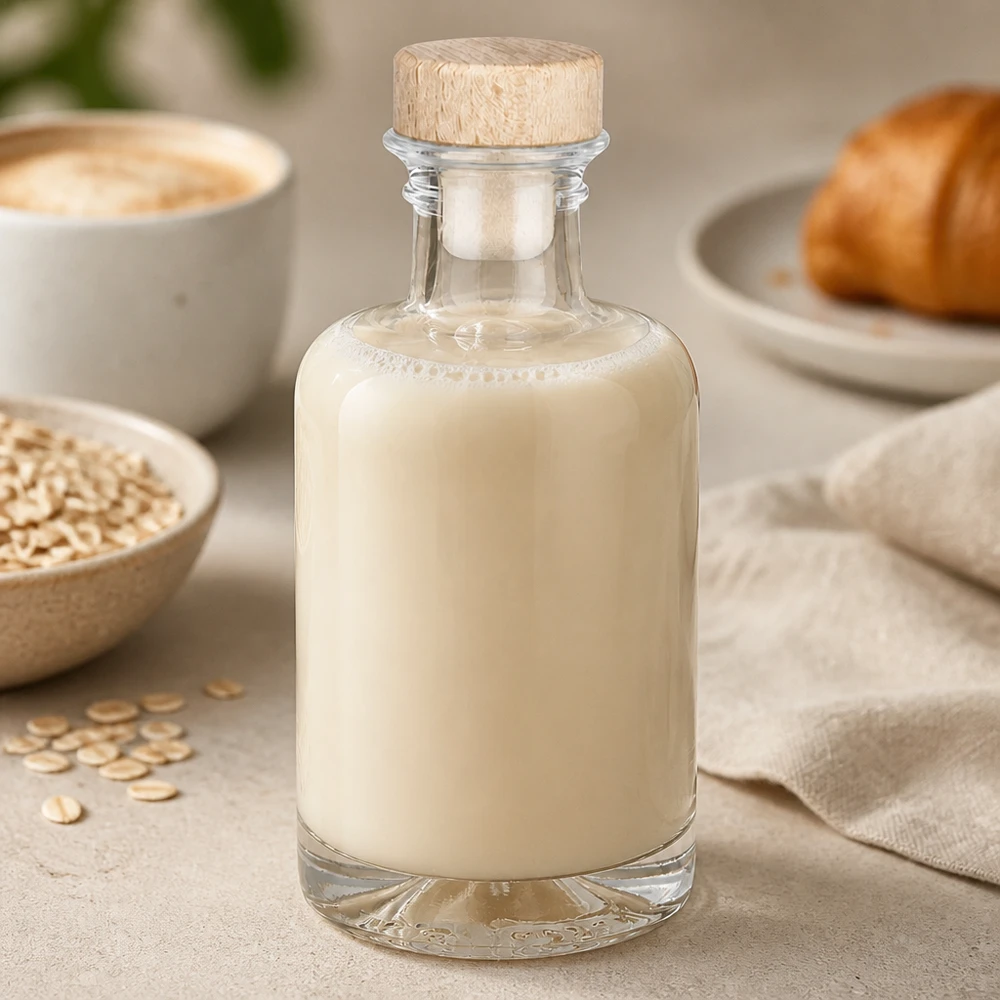 100ml Glasflasche "Sofia" mit Holzgriff-Korken UNiTWIST 100ml Glasflasche Sofia mit Holzkorken gefüllt mit cremiger Hafermilch neben Haferflocken und Croissant Frühstücksszene