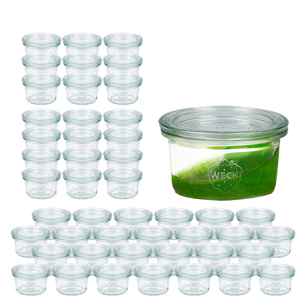 48 Weck 50 ml:n juomapullon setti, jossa on 48 lasikantta.