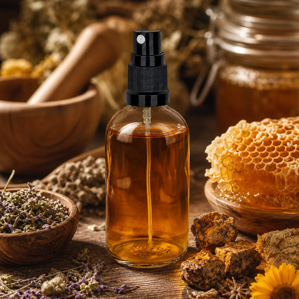 Propolis-suihke, 100 ml:n läpinäkyvä lasipullo, musta pumppusuihke, mehiläispesän ja hunajan vieressä