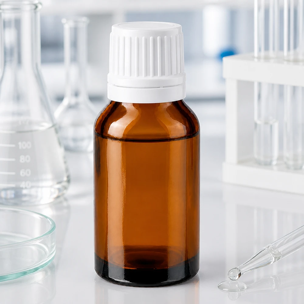 30 ml:n ruskealasinen apteekkipullo, jossa on valkoinen tippakorkki, laboratoriokäytössä