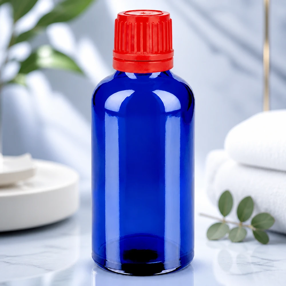 50ml pullo 11mm kierrekorkki punainen väärentämisen estävä sulkeminen BlueLine UT18/50 BlueLine UT18/50 Apteekkipullo 50ml sininen, lapsiturvallinen korkki SV 11mm OV BlueLine UT18/50