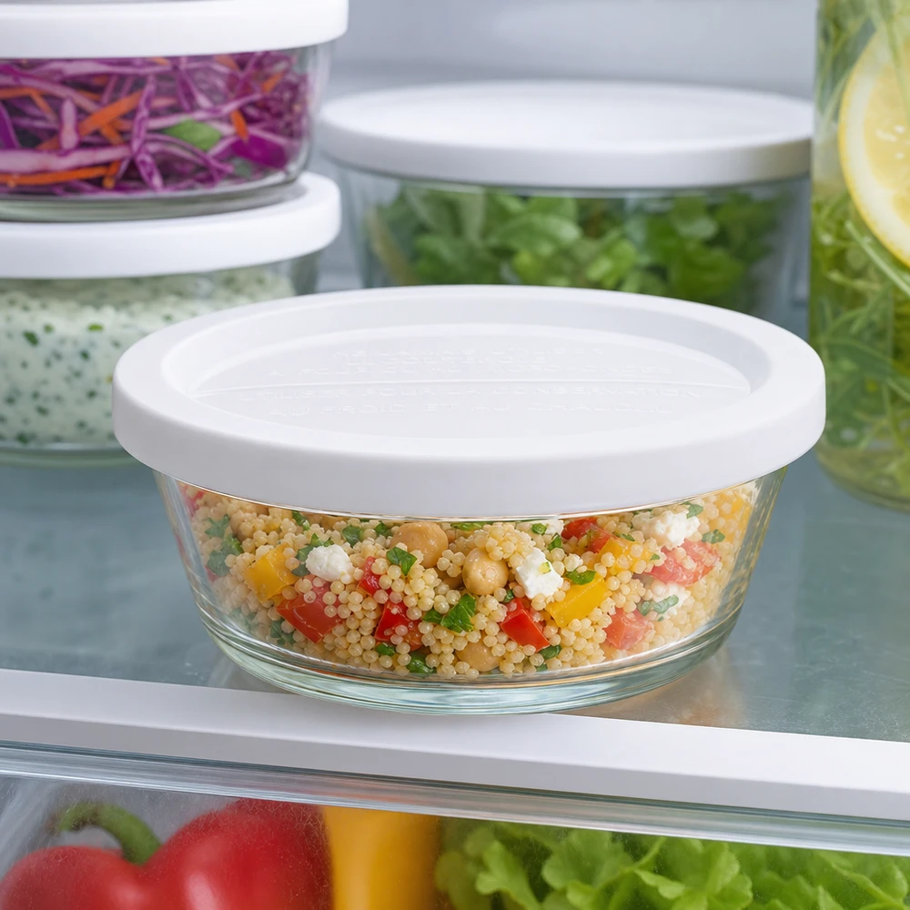 WECK RR120 gourmet-purkki 300ml jääkaapissa täynnä värikästä couscous-salaattia muiden säilytysastioiden ohella.