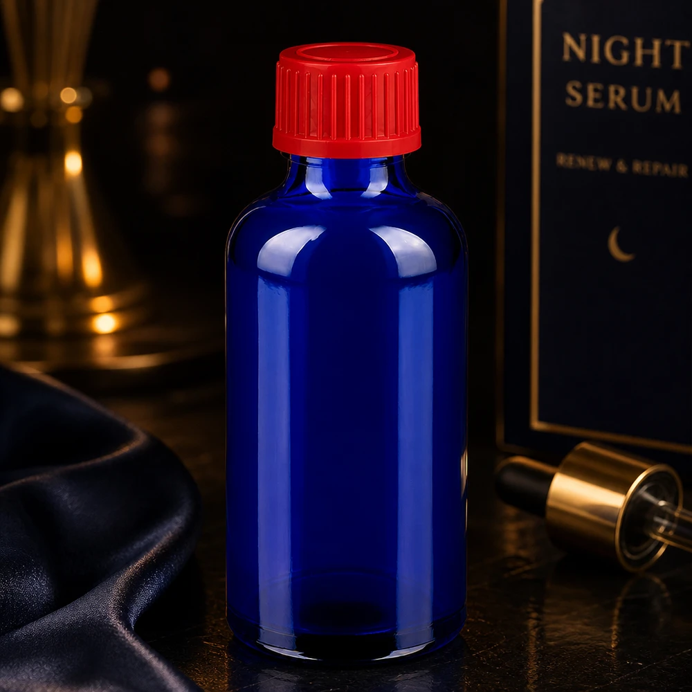 Kompakti 50ml lasipullo BlueLine UT18/50, jossa on käytännöllinen 11mm kierrekorkki signaalinpunaisena