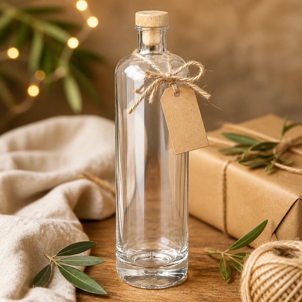 700ml Glasflasche "Eleganz" mit Holzgriffkorken UNiTWIST® 700ml lasipullo Ella tyhjä puukorkilla ja lahjatunnisteella juhlallisessa joulukoristeessa, jossa on keijuvalot.