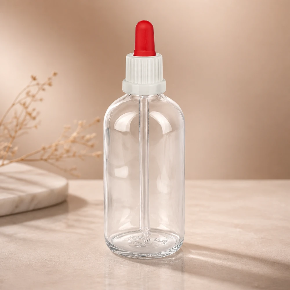ClearLine-tiputuspullo 100 ml, kirkas lasi, punaisella kumipallolla ja pitkällä lasipipetillä, UT18