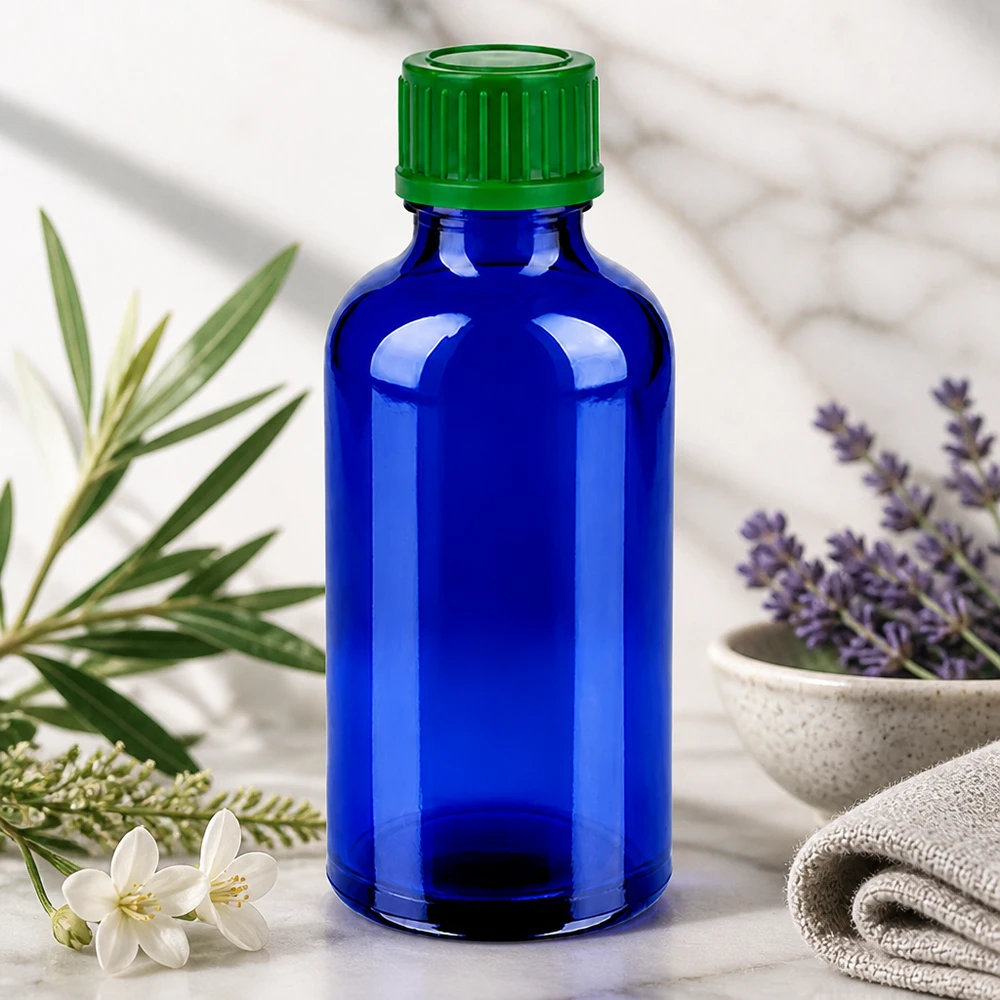 50ml kierrekorkillinen pullo 11mm aukolla sinisestä lasista eteeristen öljyjen tarkkaa annostelua varten.
